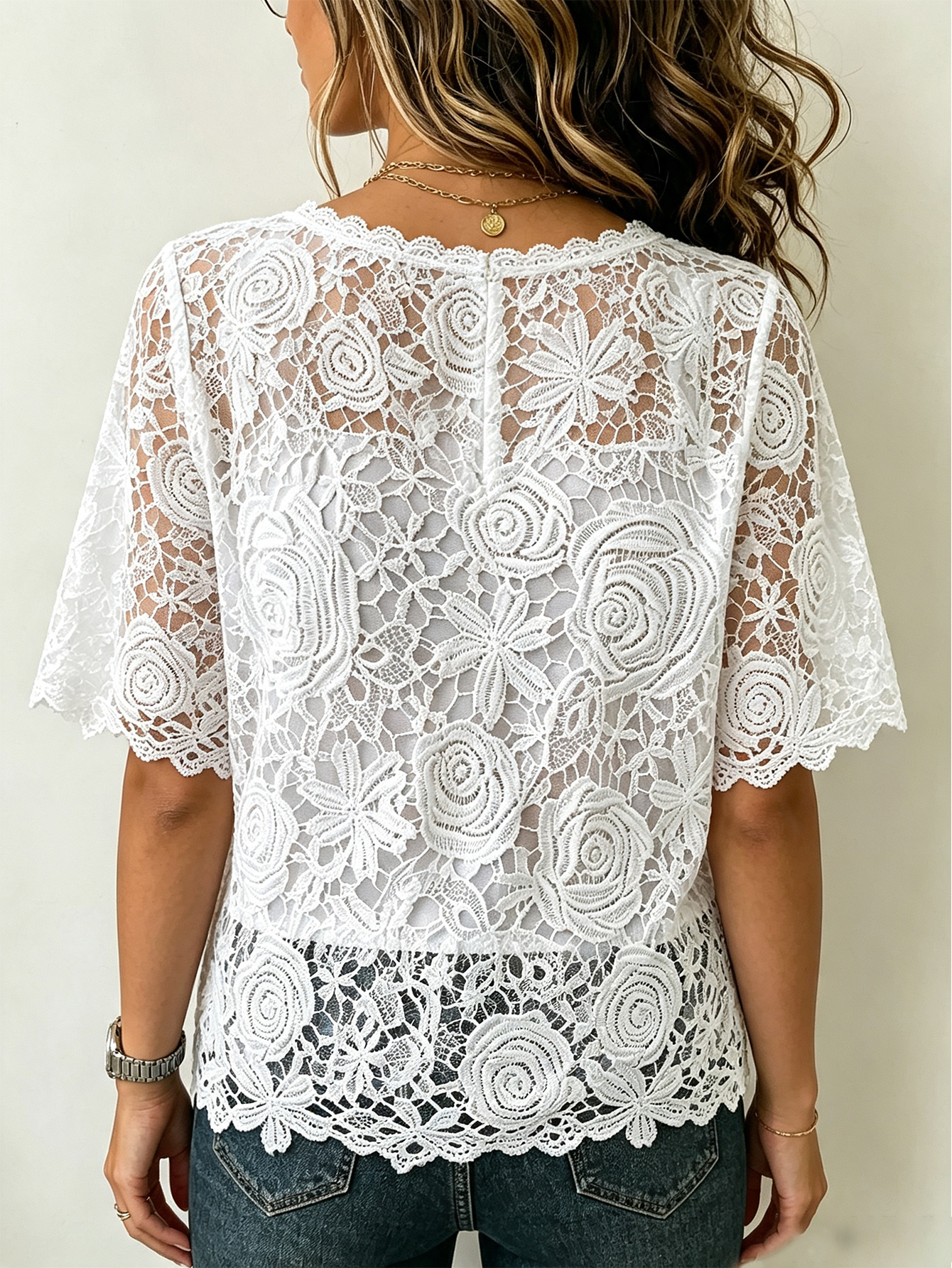 Women’s Floral Lace V Neck Top, Short Sleeve Hollow Out Sheer Blouse Casual Elegant Shirt