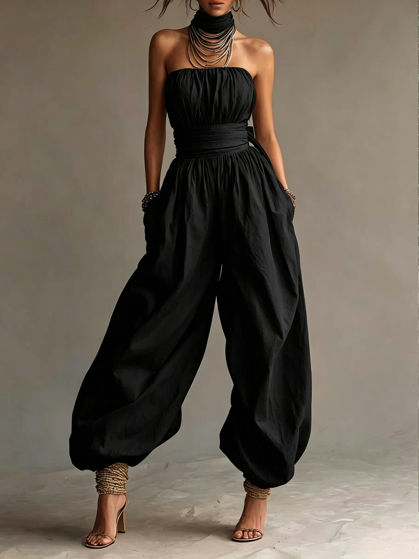 Bohemian Cotton Strapless Balloon-Leg Jumpsuit