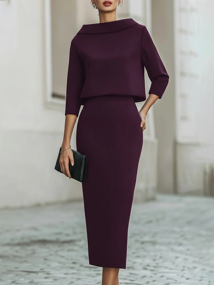 Boat Neck Top And Midi Skirt Set