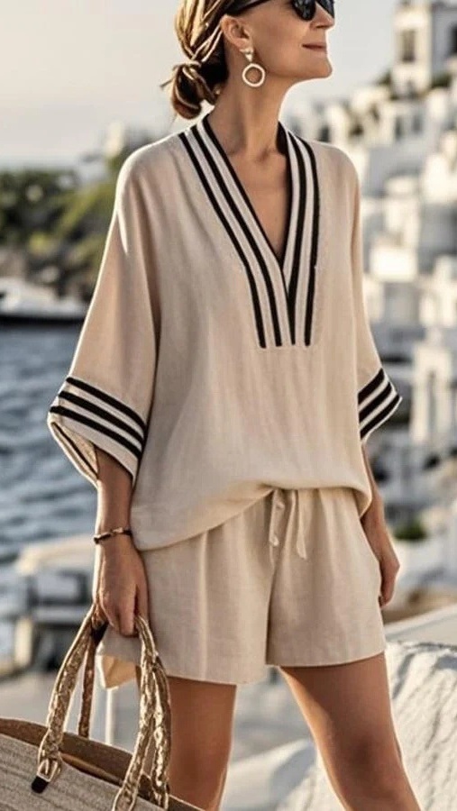 Women's V-Neck Striped Loose-Fit Casual Two-Piece Set