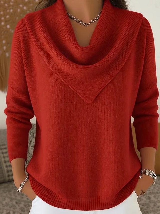 Women's Sweater Pullover Elegant Fashion Streetwear Solid Color Ribbed Cowl Knitted Long Sleeve Regular Tops
