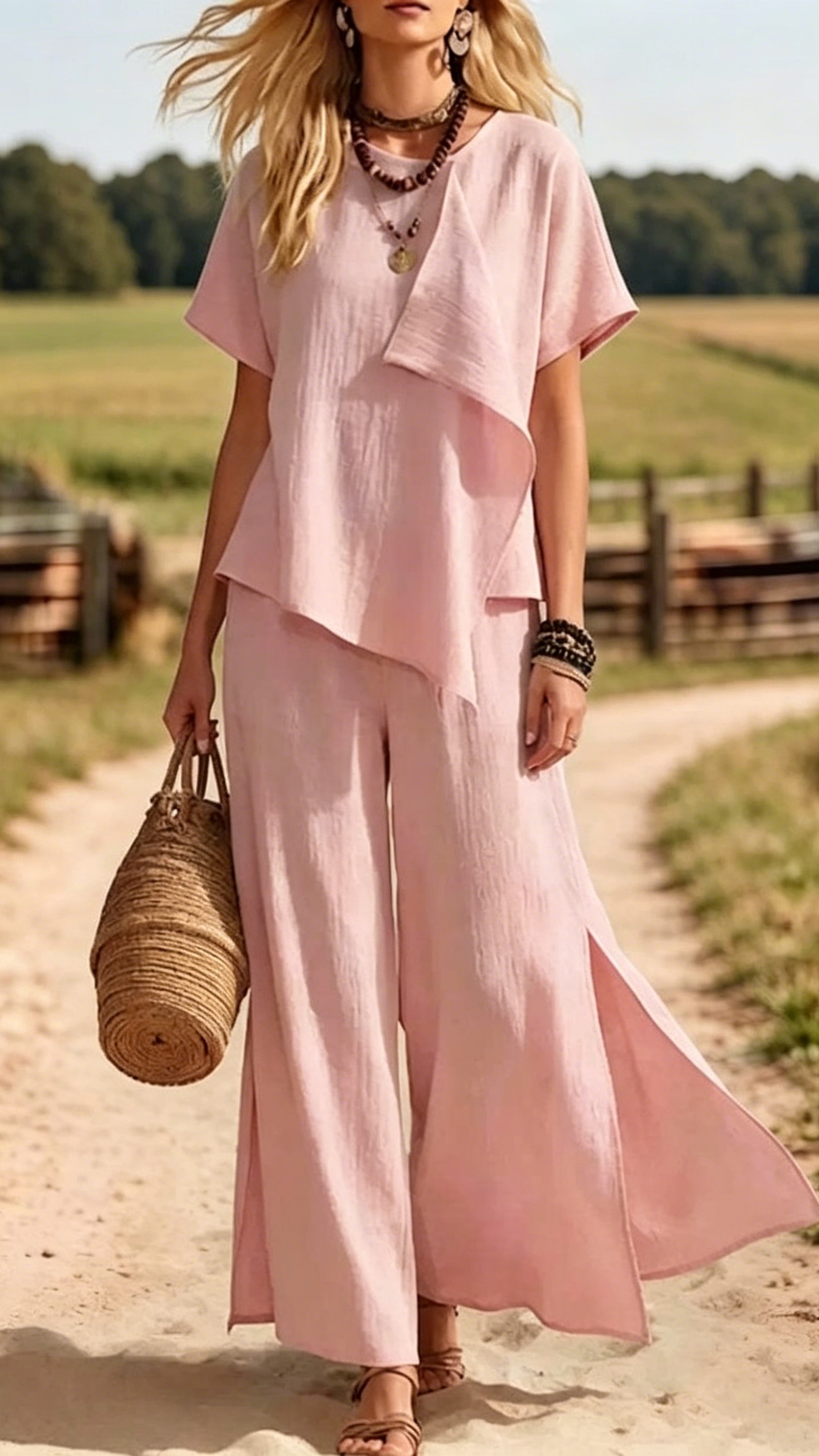 Women's Stylish Casual Set: Irregular Short-Sleeve Top & Slit Wide-Leg Pants