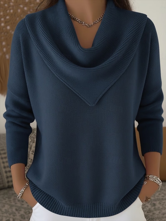 Women's Sweater Pullover Elegant Fashion Streetwear Solid Color Ribbed Cowl Knitted Long Sleeve Regular Tops