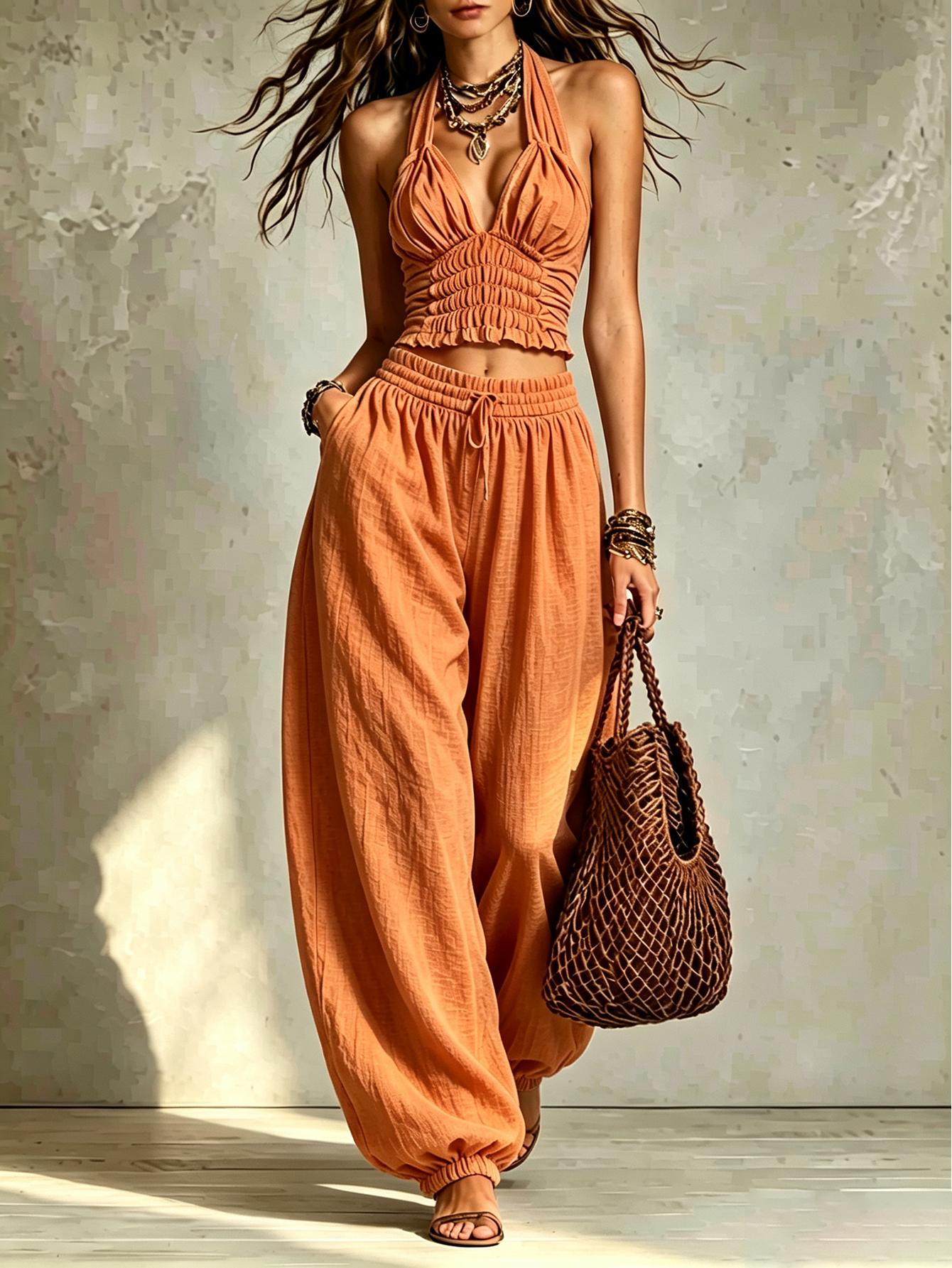 Women's Linen Blend Halter Ruched Two-Piece Set with Relaxed Drawstring Pants