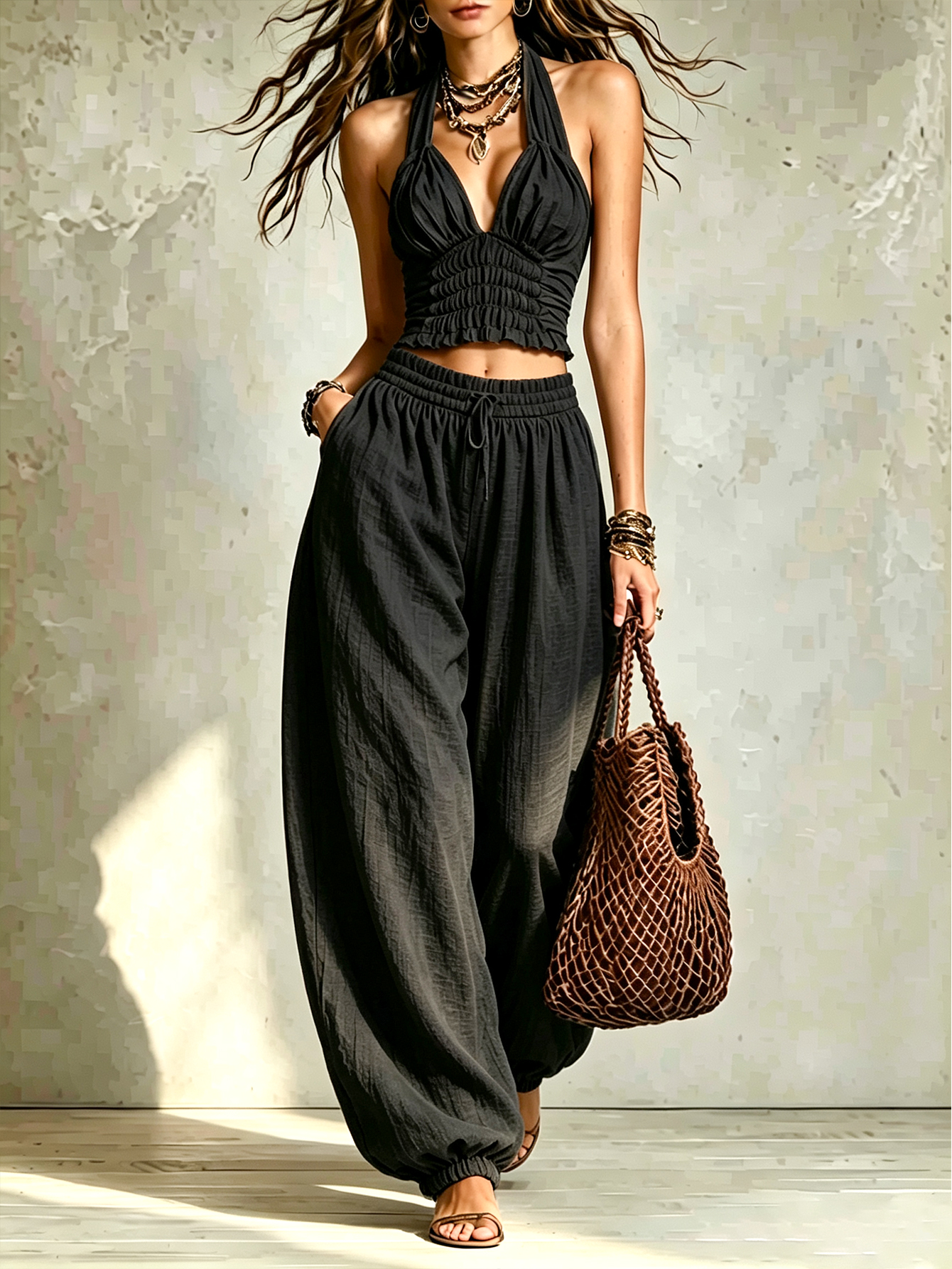 Women's Linen Blend Halter Ruched Two-Piece Set with Relaxed Drawstring Pants