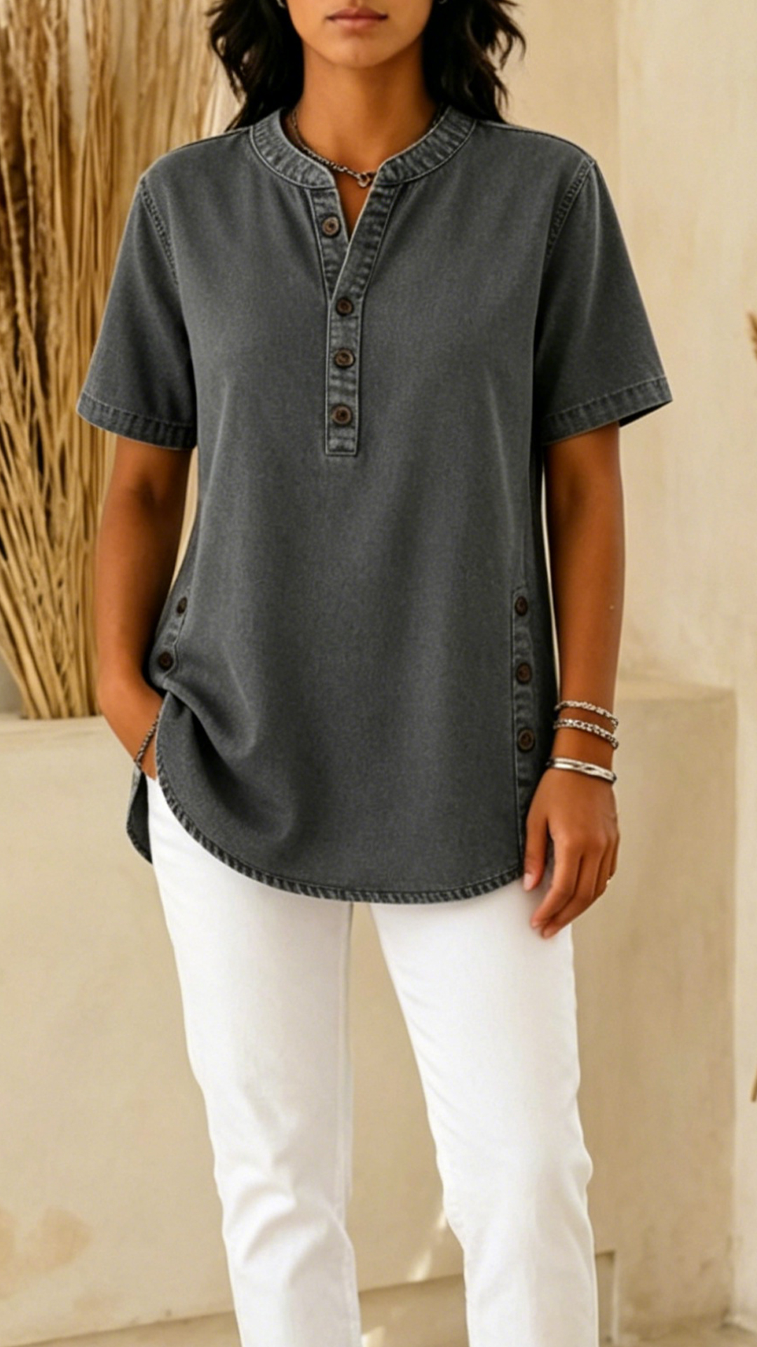 Women's Denim-Effect Cotton-Blend Henley Shirt