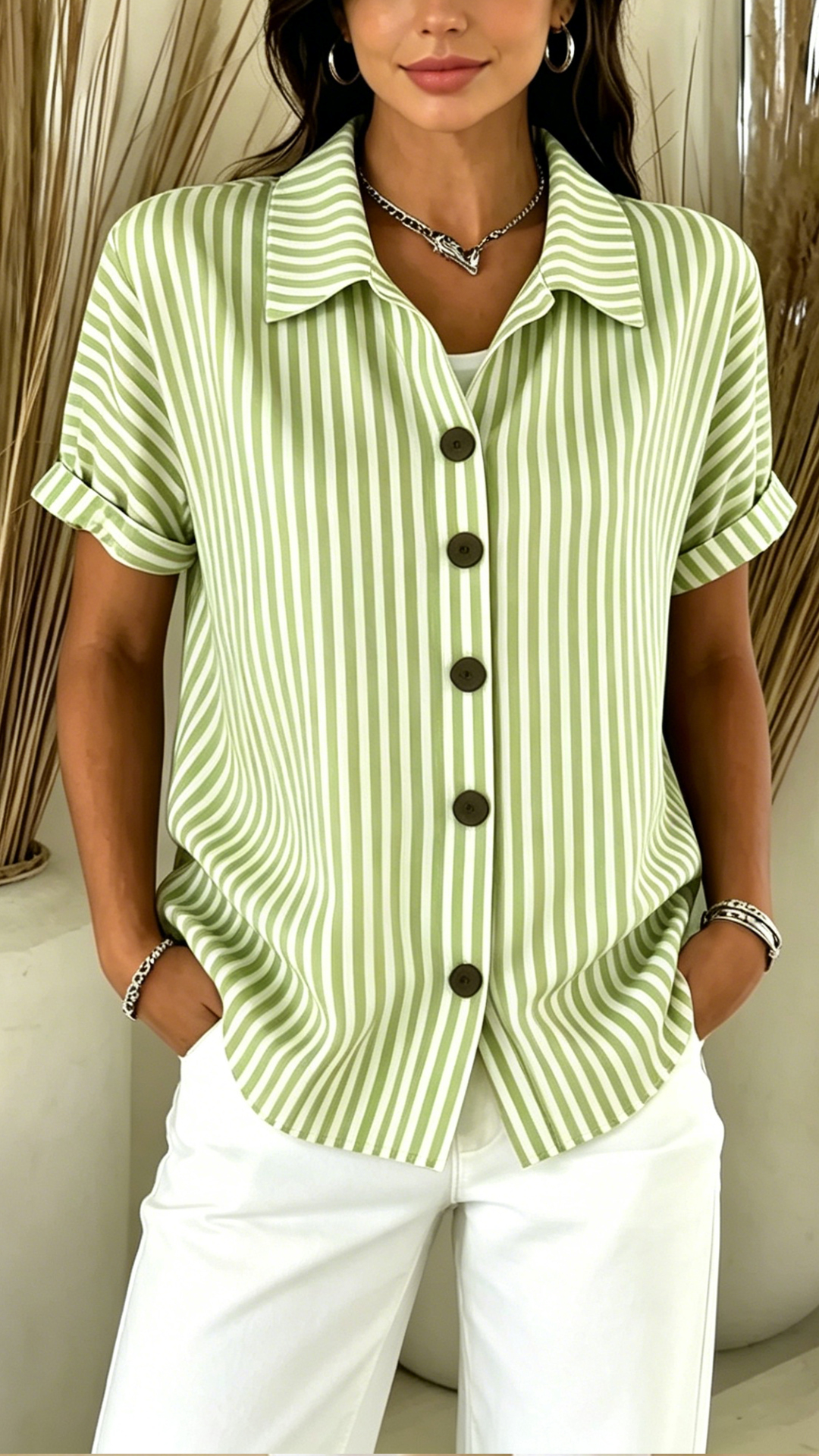 Women's Red & White Striped Cotton-Blend Shirt