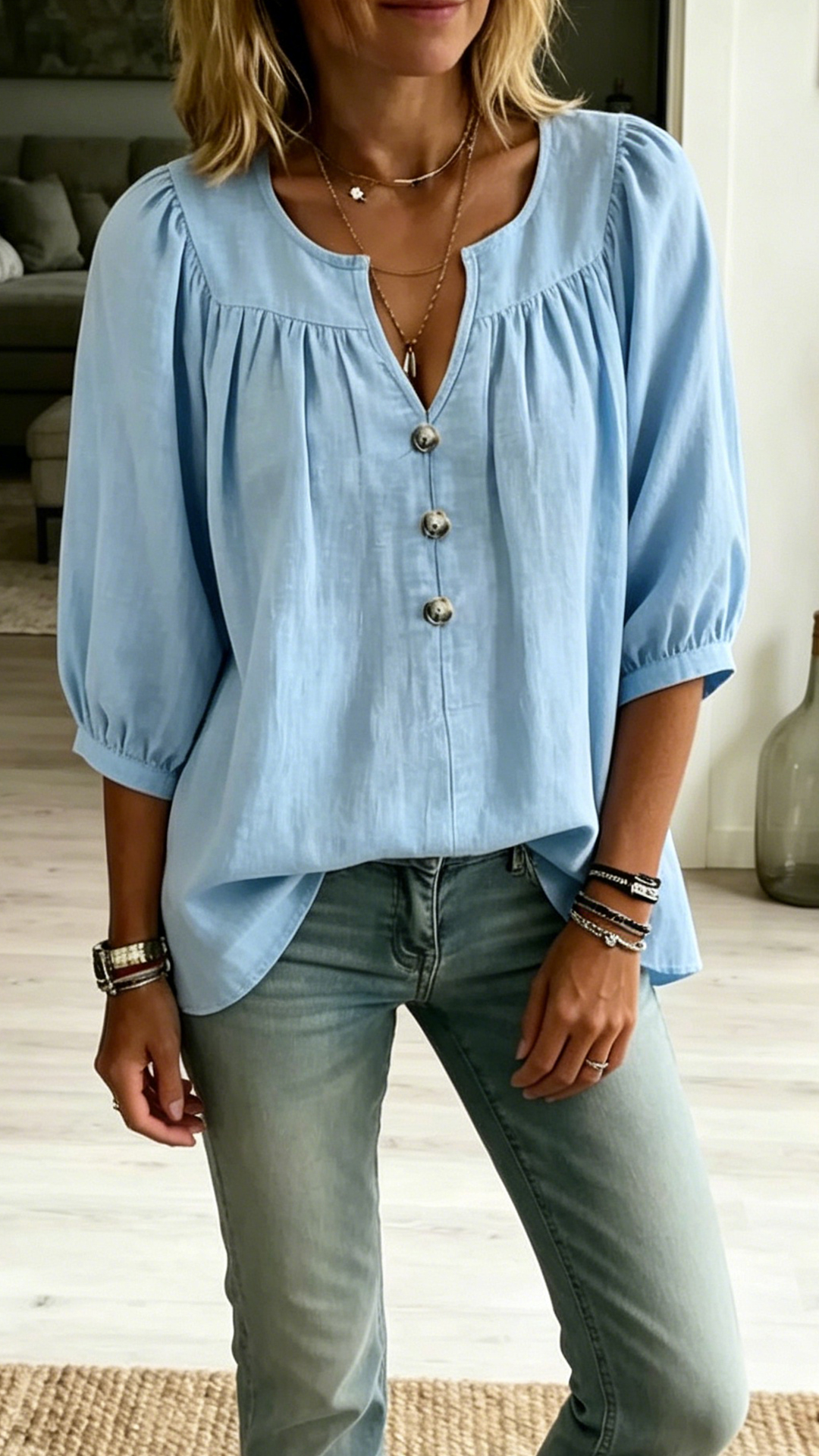 Women's Cotton-Linen 3/4-Sleeve Button-Front Casual Loose T-Shirt