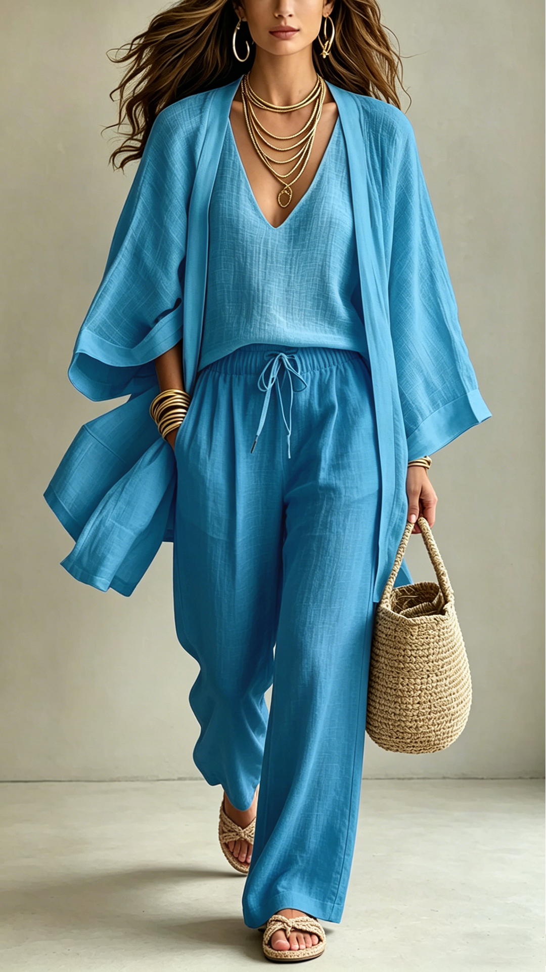 Women's  Linen-Blend Three-Piece Set(Kimono + Tank + Pants)