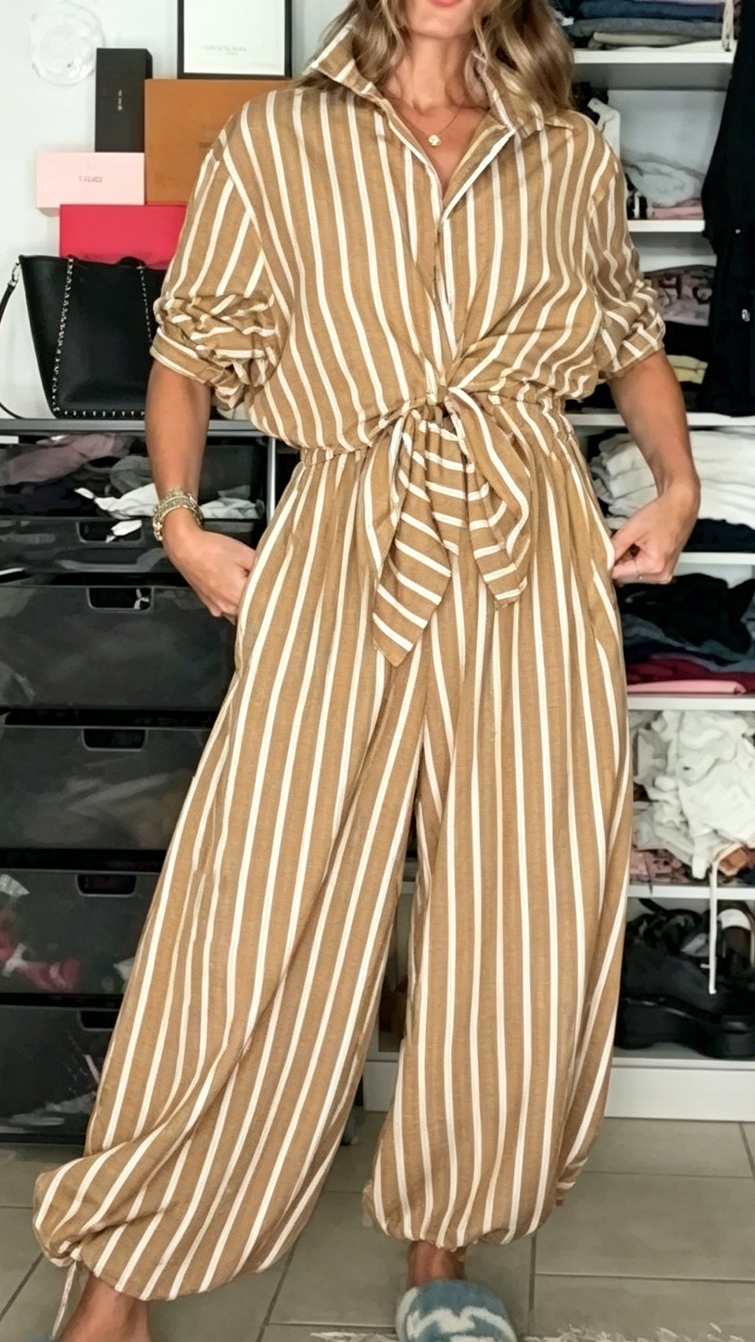 Women's Cotton-Blend Striped Shirt Two-Piece Set