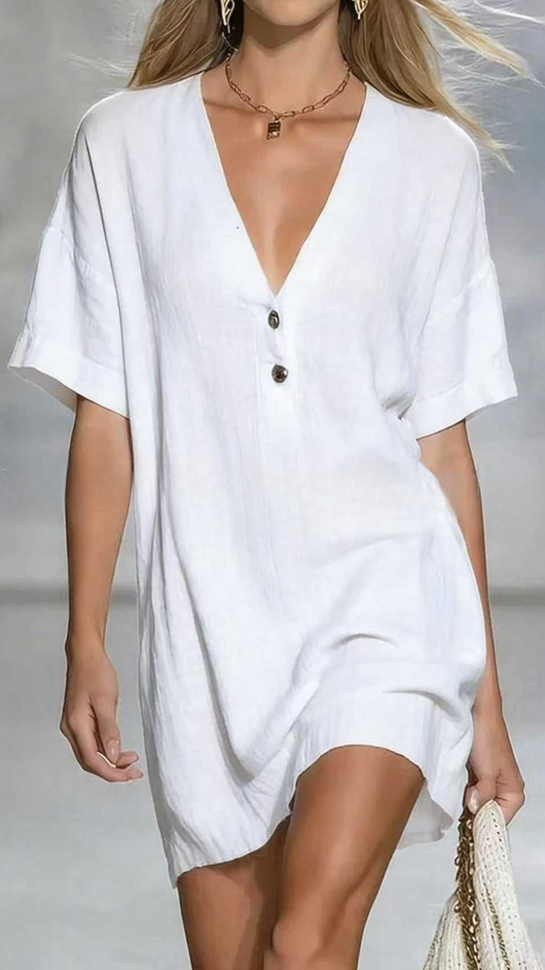 Women's Linen-Cotton V-Neck Loose Shift Dress