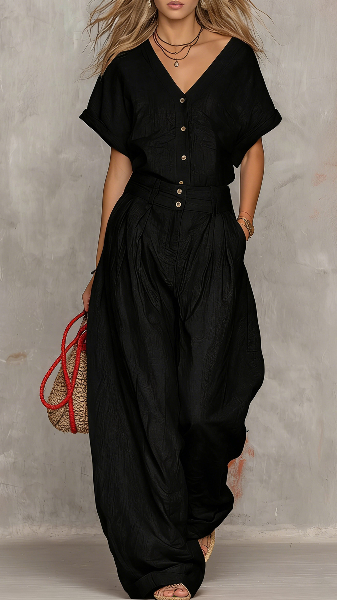 Women's Cotton-Blend Textured V-Neck Top & Wide-Leg Pants Set