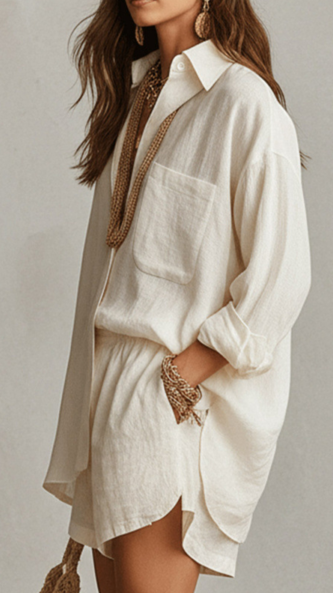 Women's Cotton-Blend Textured Shirt & Shorts Set