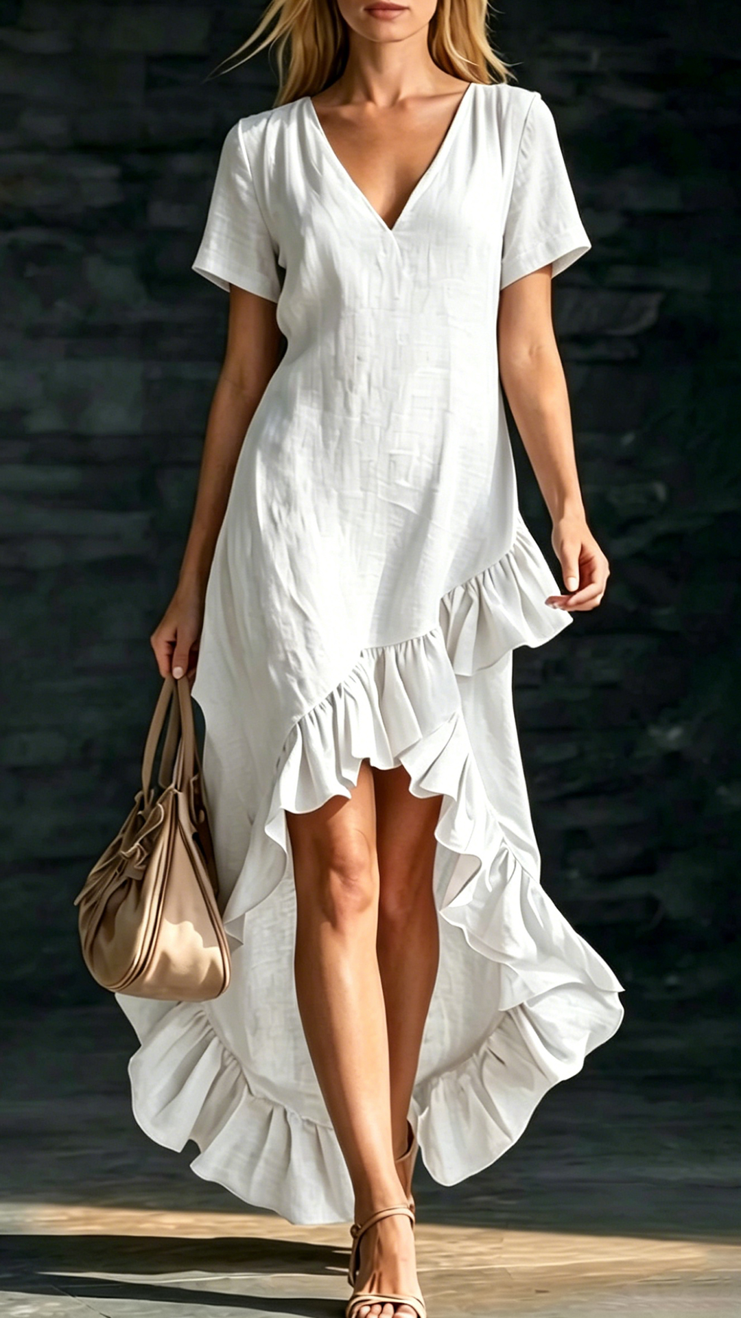 Women's Cotton-Blend Ruffled V-Neck Dress