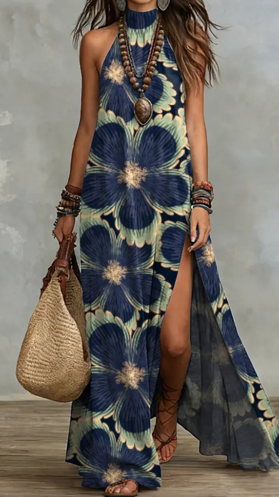 Women's Cotton-Blend Printed Halter Slit Maxi Dress