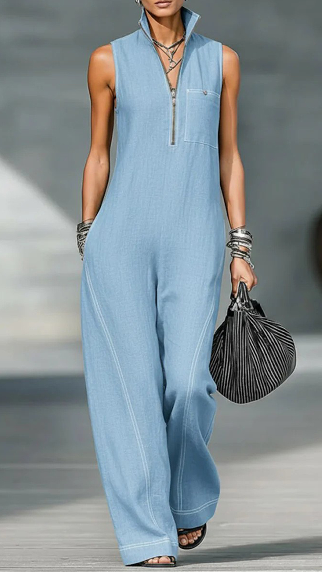 Women's Cotton-Blend Stitched Detail Sleeveless Wide-Leg Jumpsuit
