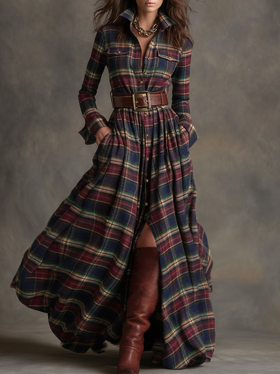 Retro Ethnic Style Lapel Reddish Brown Plaid Maxi Dress
