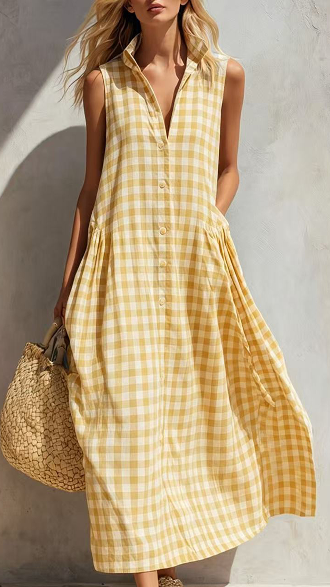 Women's Cotton-Blend Blue and White Gingham Sleeveless Shirt Maxi Dress