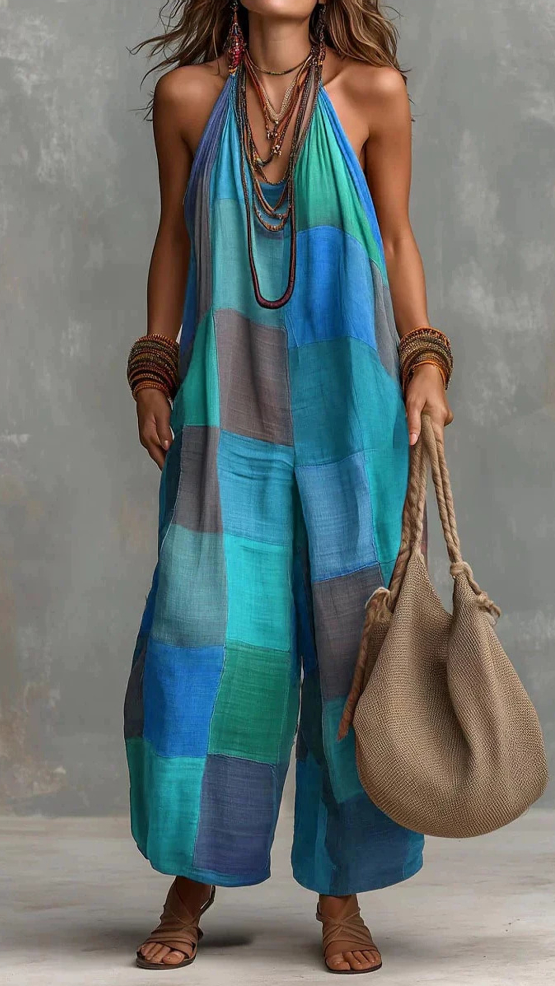 Women's Cotton-Blend Patchwork Halter Wide-Leg Jumpsuit