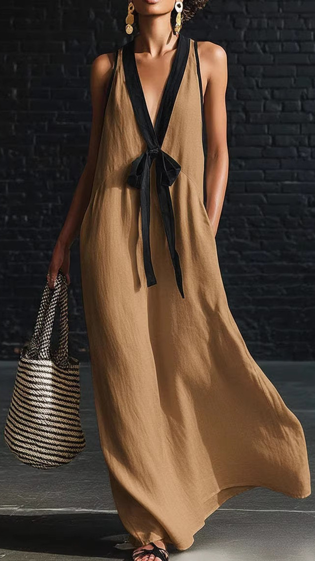 Women's Cotton-Blend Color-Blocked V-Neck Tie Sleeveless Maxi Dress