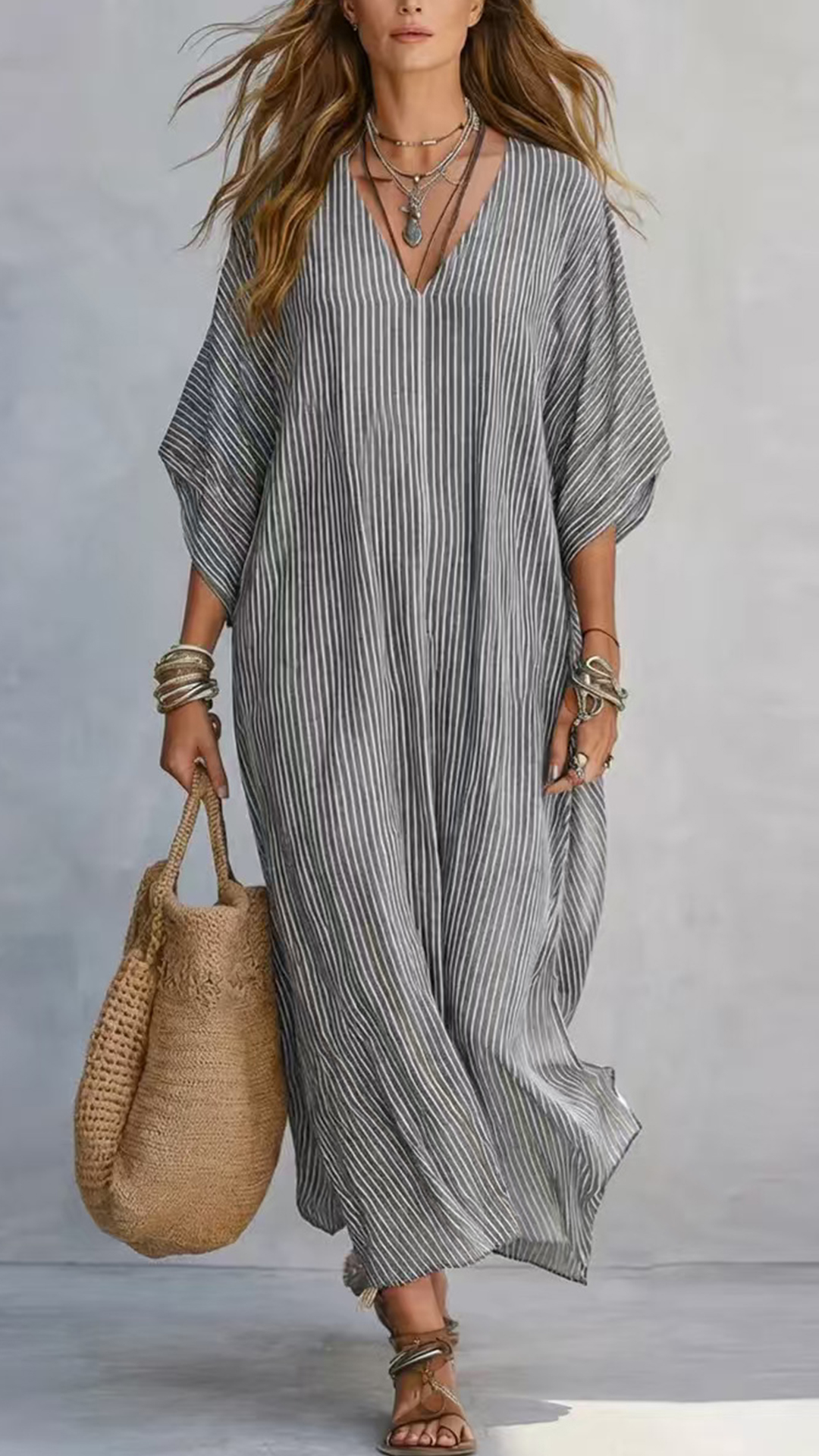 Women's Cotton-Blend Blue & White Striped V-Neck Loose Dress