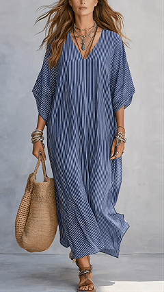 Women's Cotton-Blend Blue & White Striped V-Neck Loose Dress