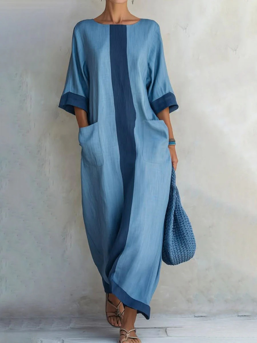 Casual Women'S Fashion High-End Color-Blocked Spliced Long Skirt, Spring And Summer European And American Style Dress