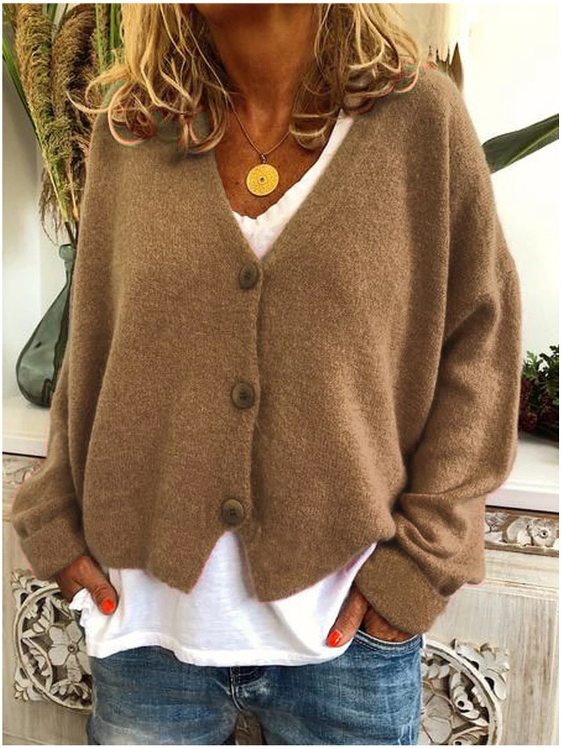 Relaxed V-Neck Button Front Knit Cardigan