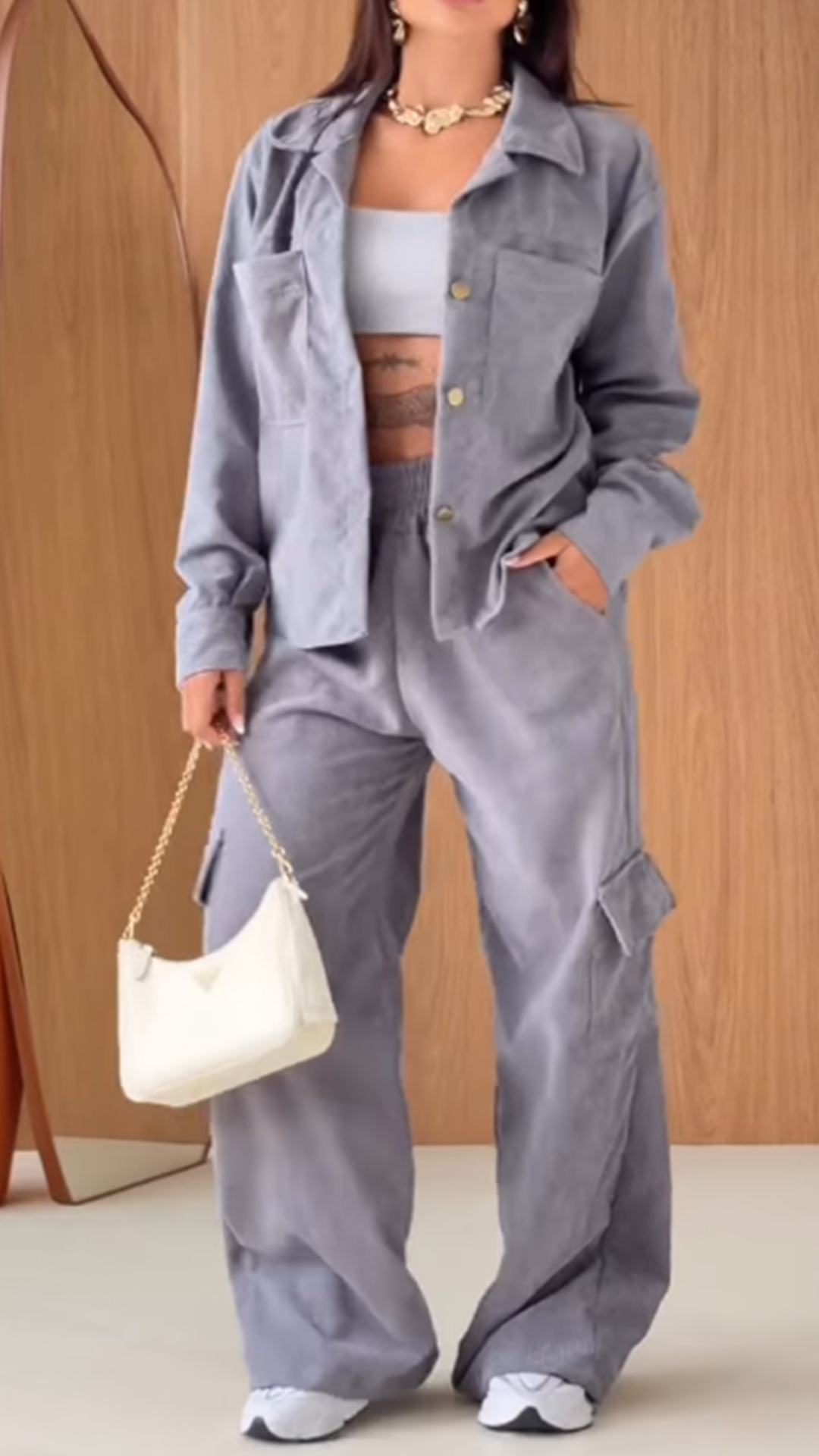 Minimalist Solid Utility Jacket & High Waist Cargo Pants Set