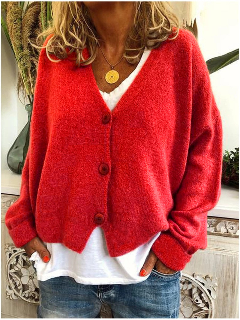 Relaxed V-Neck Button Front Knit Cardigan