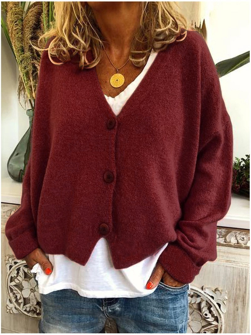 Relaxed V-Neck Button Front Knit Cardigan