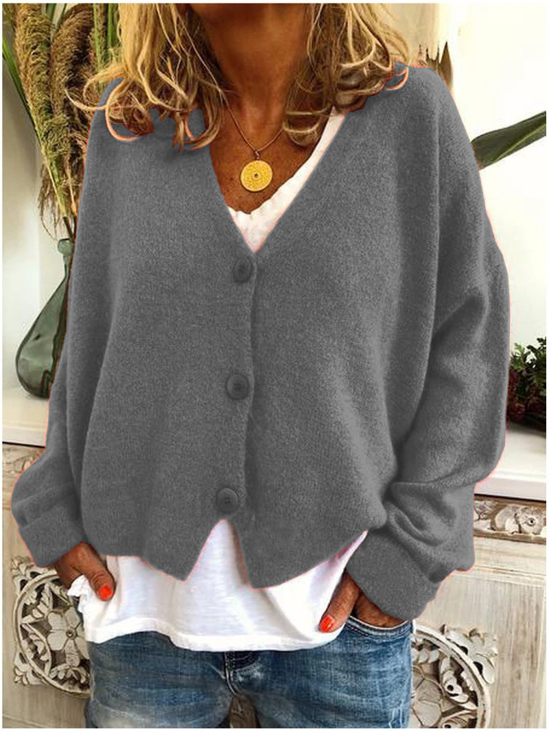 Relaxed V-Neck Button Front Knit Cardigan