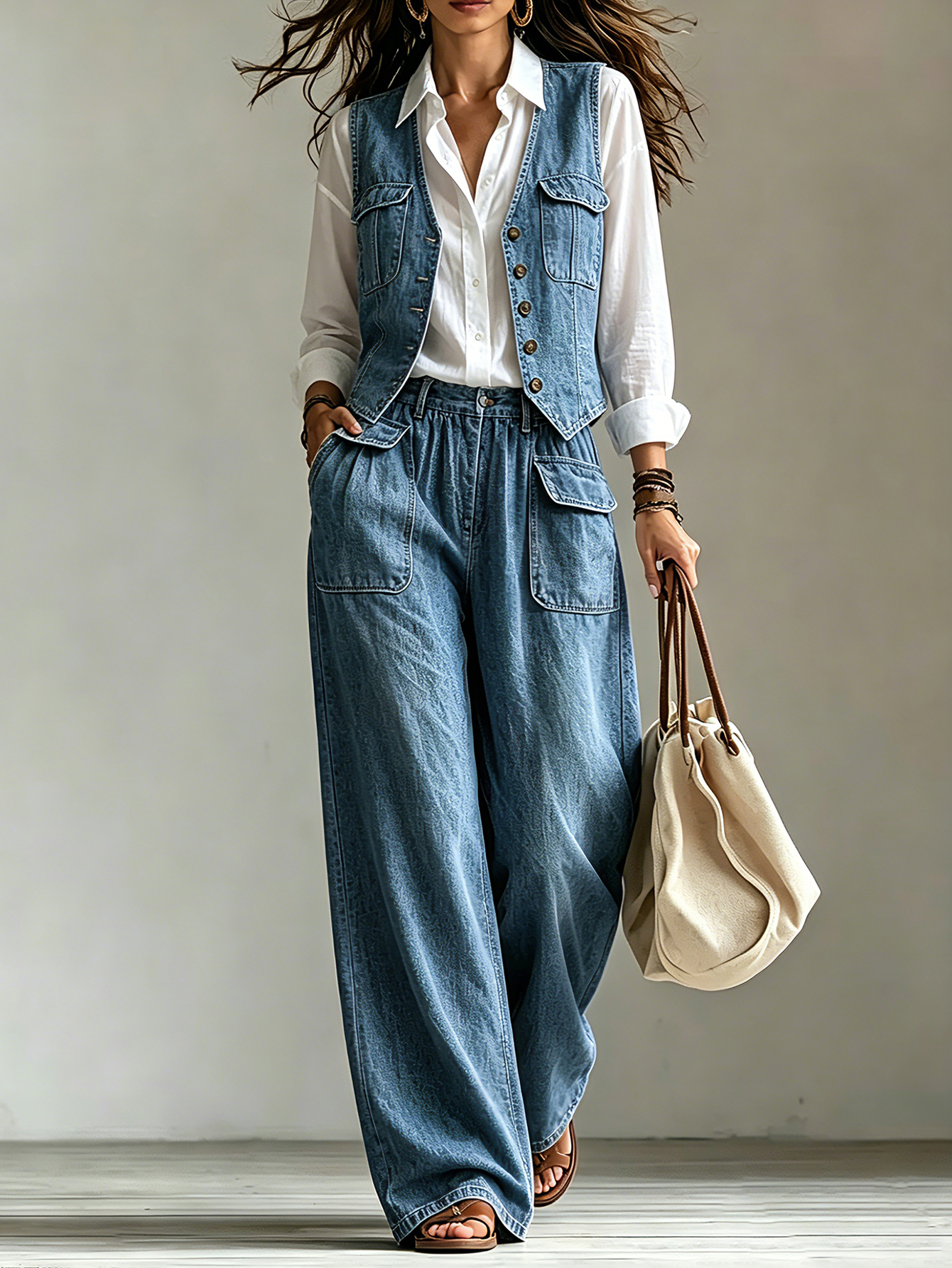 Sleeveless Denim Vest & Wide-Leg Pants Set – Button Front Vintage Casual Two-Piece Outfit with Pocket Detail