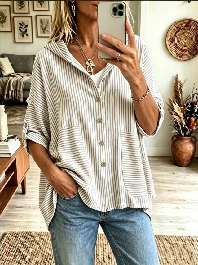 Hooded Button Down Top with Adjustable Roll-Up Sleeves
