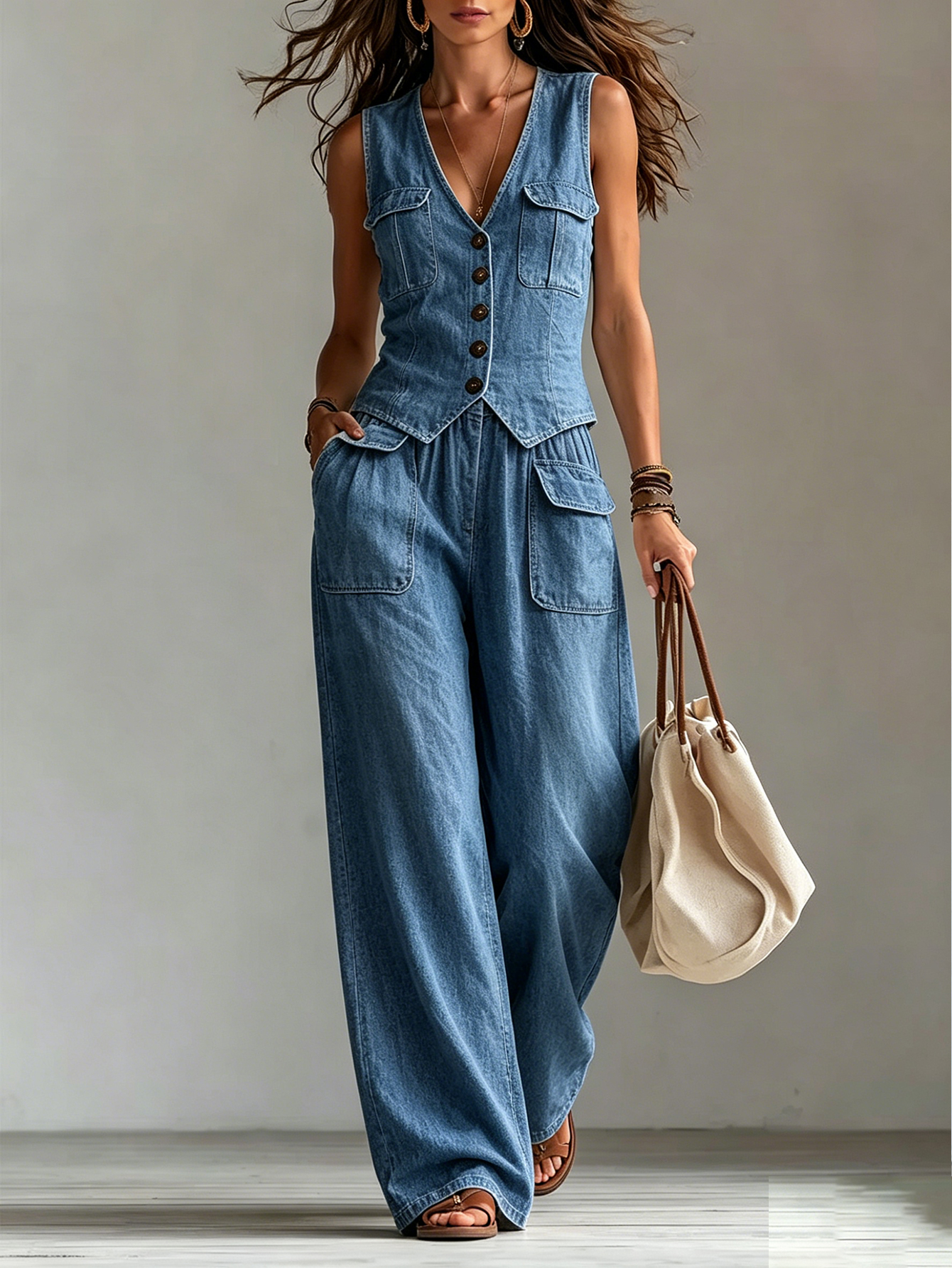 Sleeveless Denim Vest & Wide-Leg Pants Set – Button Front Vintage Casual Two-Piece Outfit with Pocket Detail