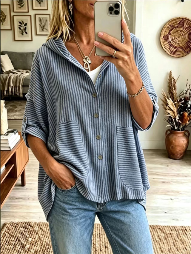 Hooded Button Down Top with Adjustable Roll-Up Sleeves