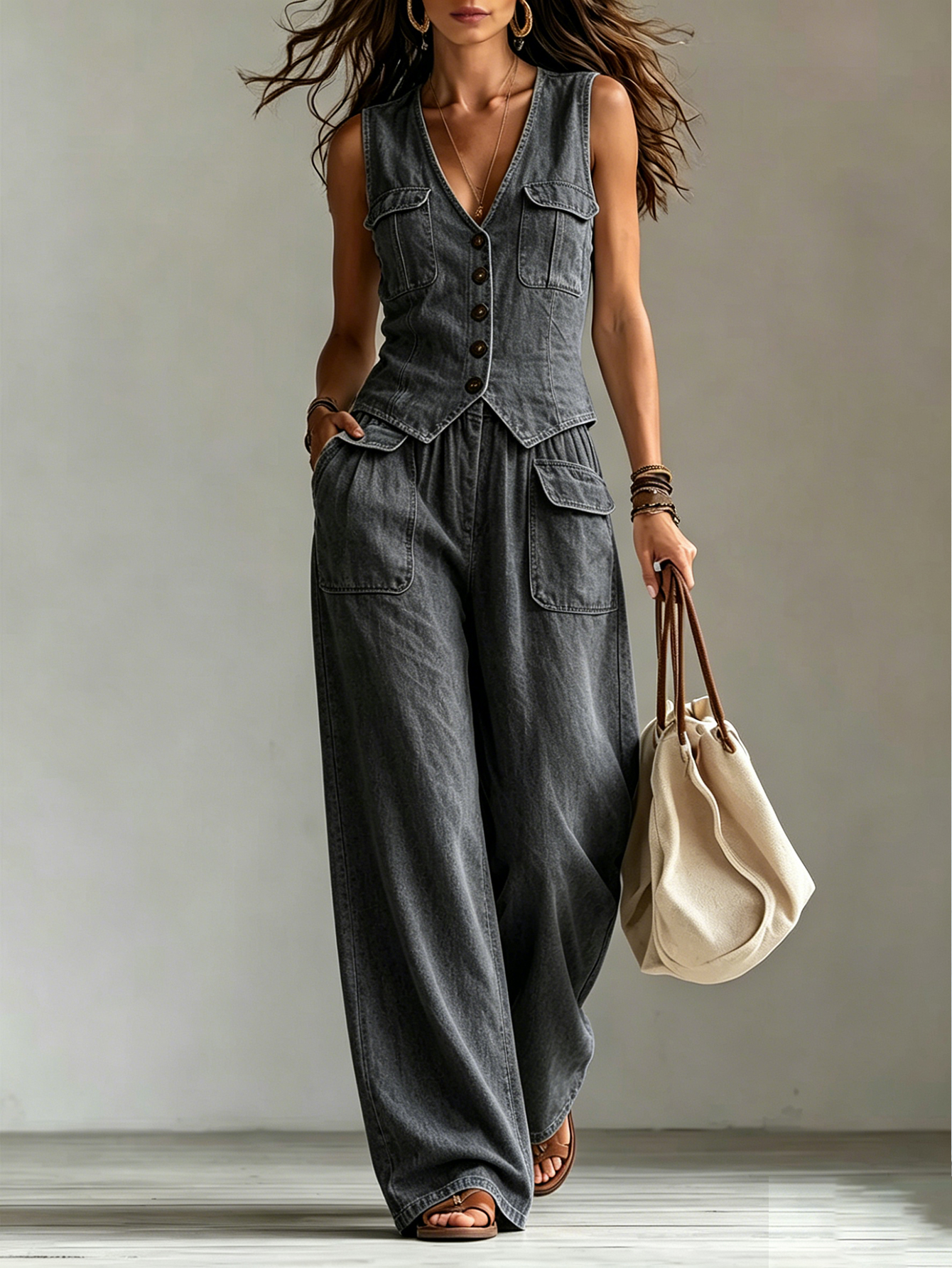 Sleeveless Denim Vest & Wide-Leg Pants Set – Button Front Vintage Casual Two-Piece Outfit with Pocket Detail