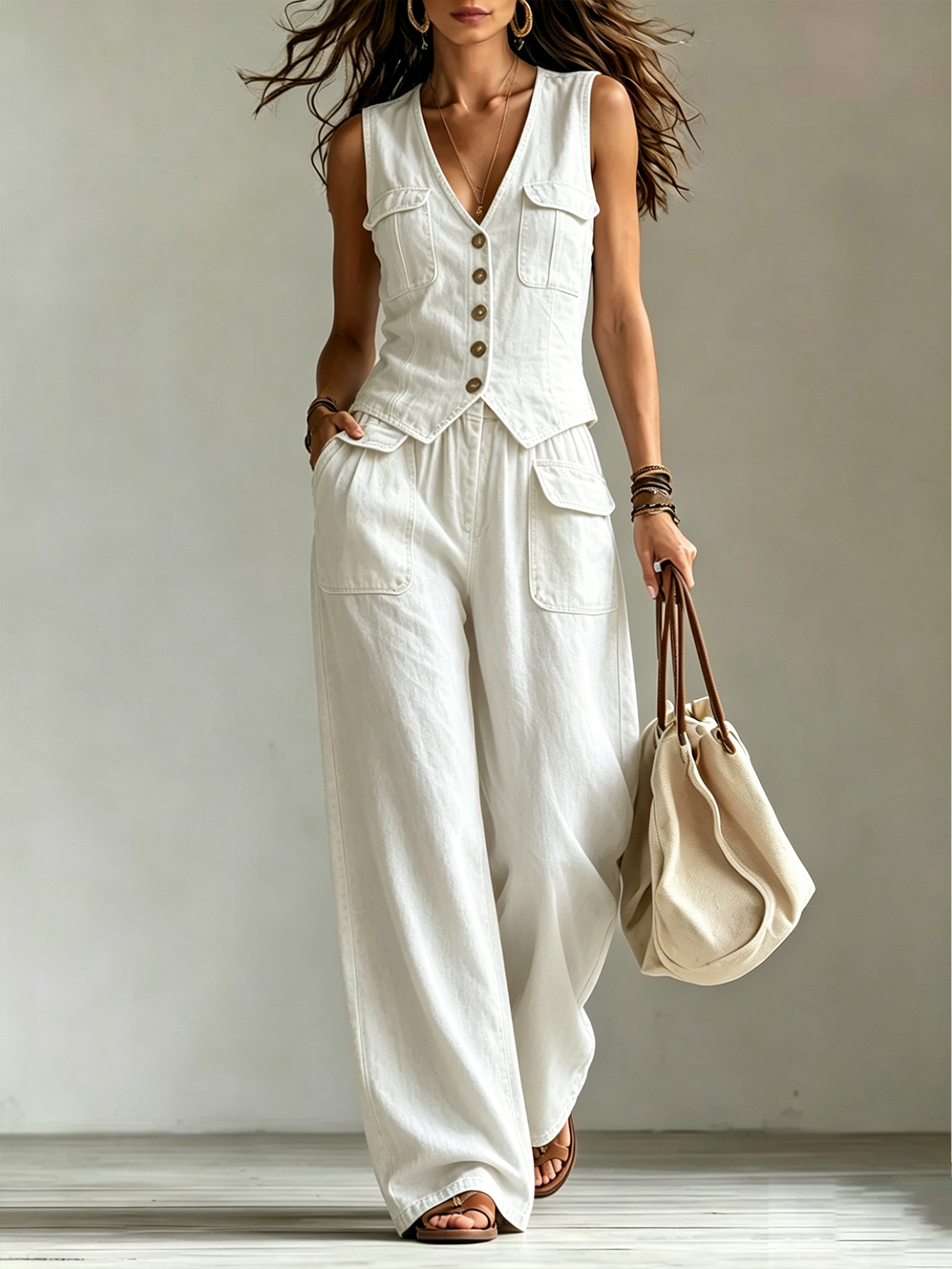 Sleeveless Denim Vest & Wide-Leg Pants Set – Button Front Vintage Casual Two-Piece Outfit with Pocket Detail