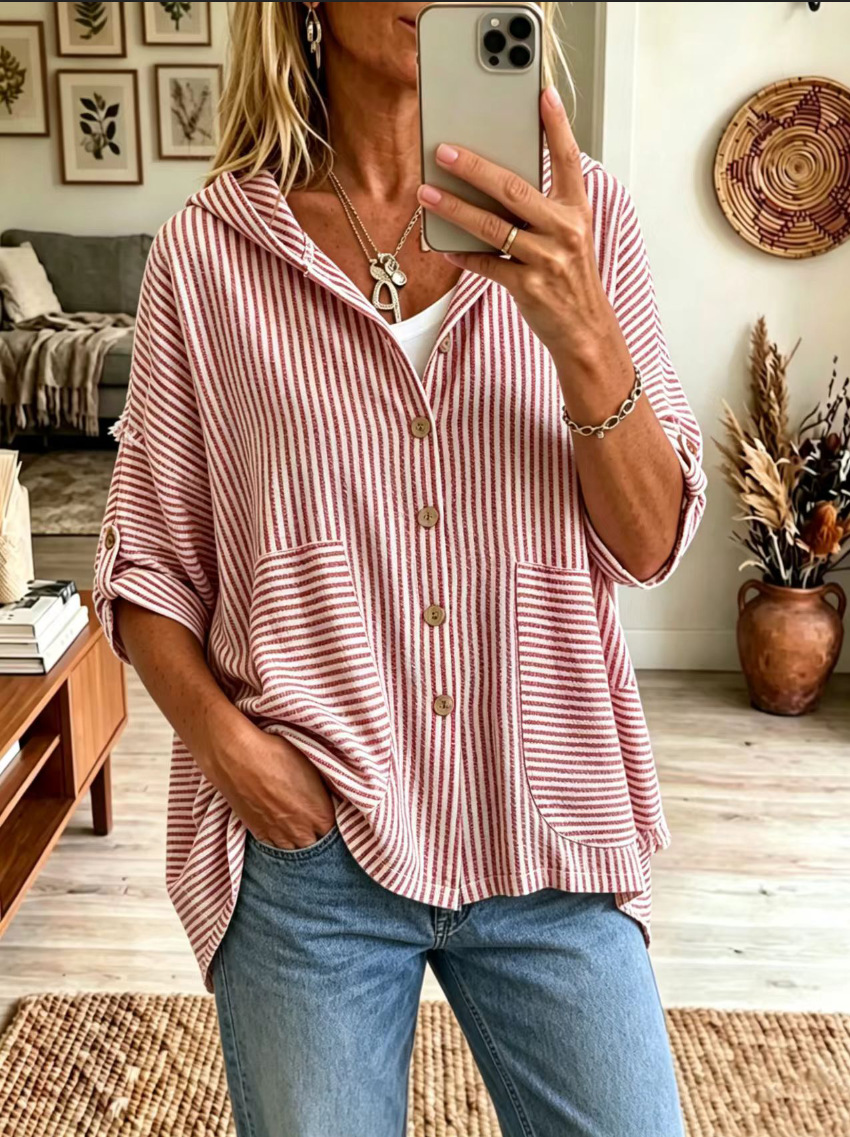 Hooded Button Down Top with Adjustable Roll-Up Sleeves