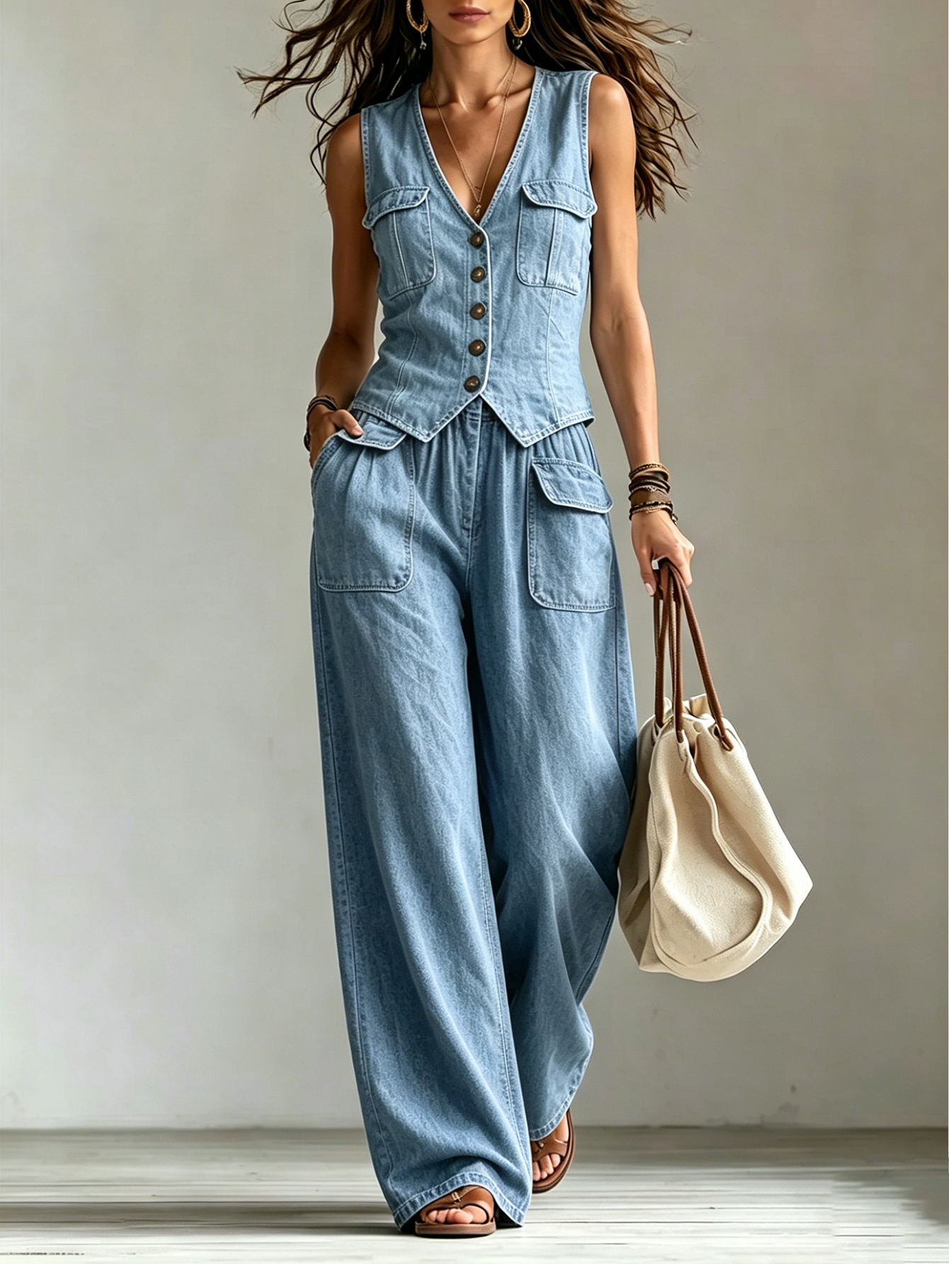 Sleeveless Denim Vest & Wide-Leg Pants Set – Button Front Vintage Casual Two-Piece Outfit with Pocket Detail