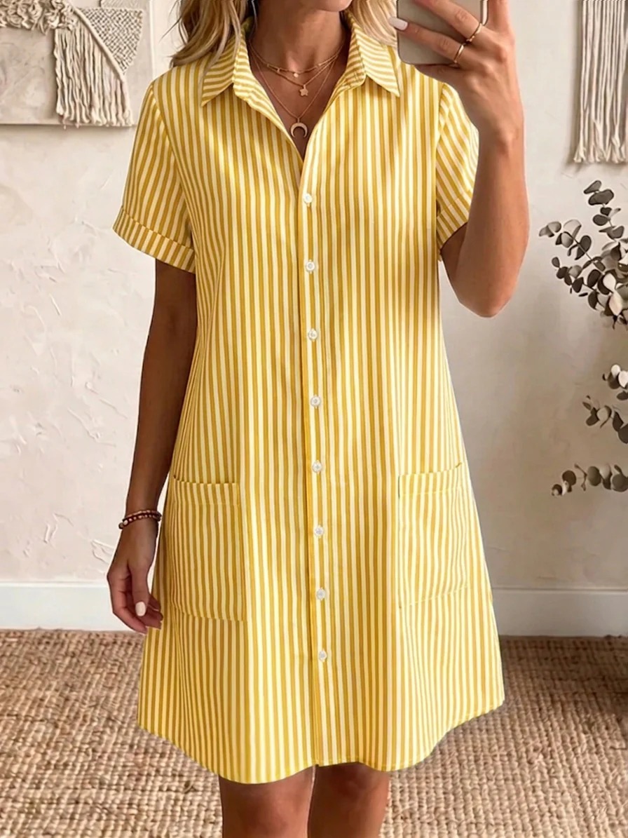 Women's Vibrant Striped Print Casual Pocket Cotton Dress