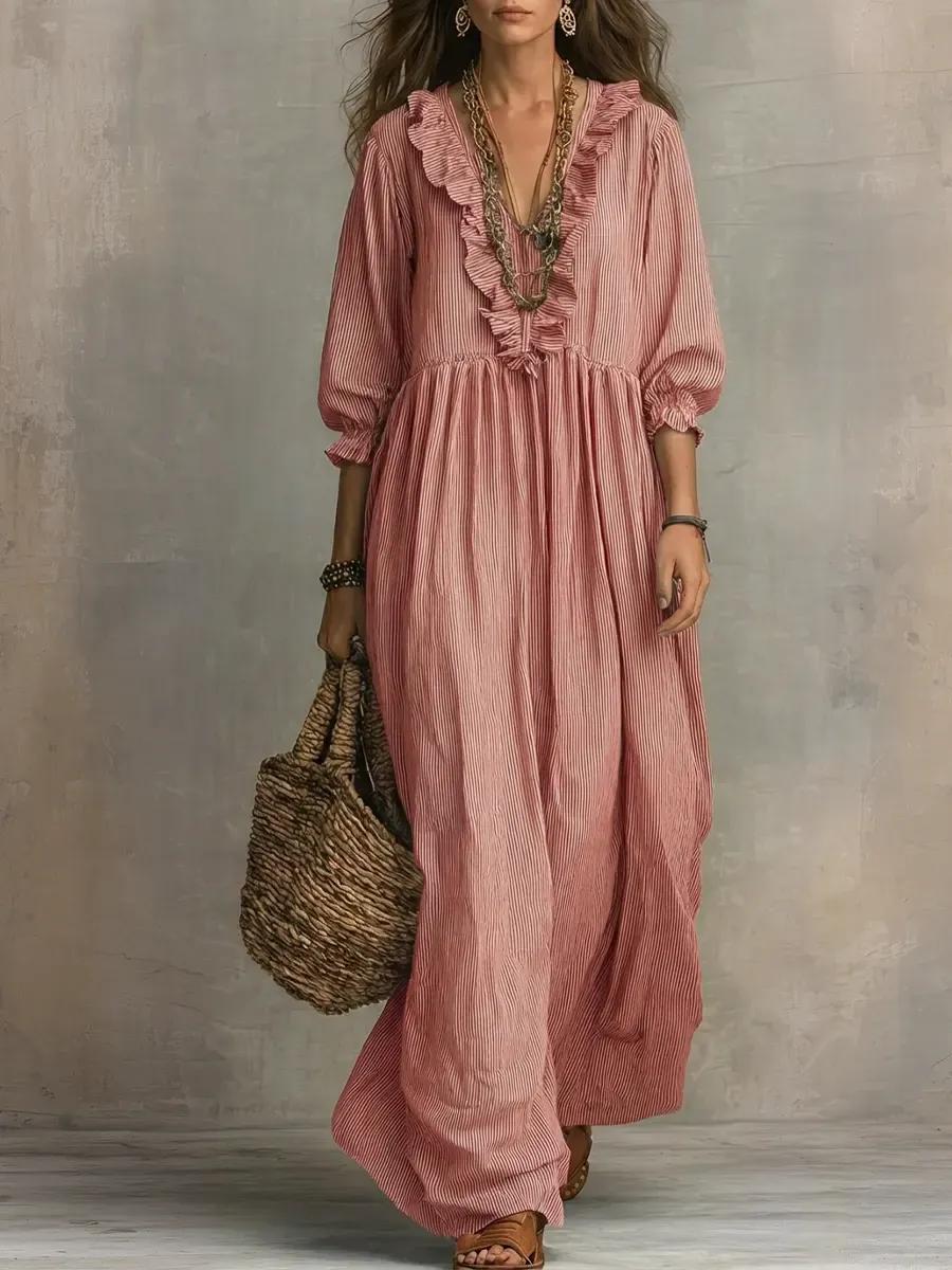 Women's Striped Art Print Casual Stylish Ruffled Vacation Maxi Dress