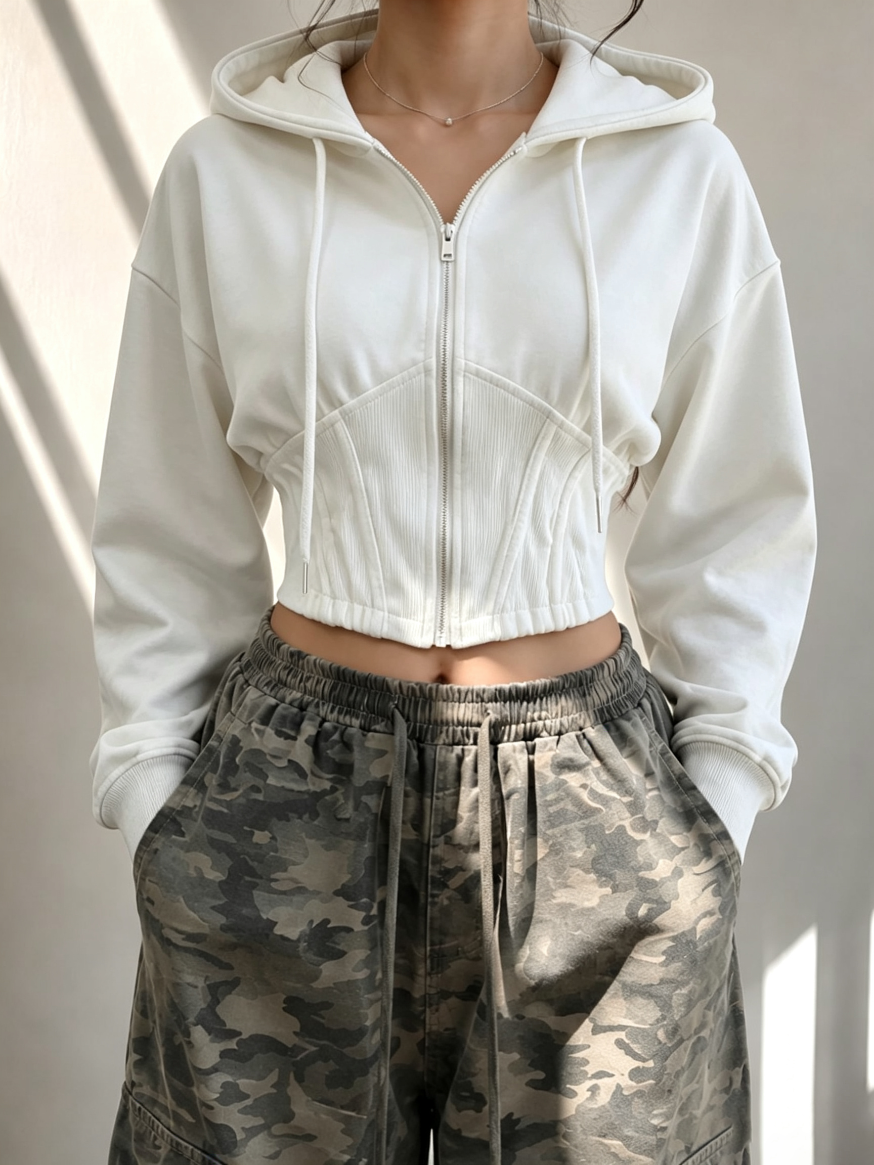 Corset‑Seamed Zip‑Up Cropped Hoodie with Drawstring Hood