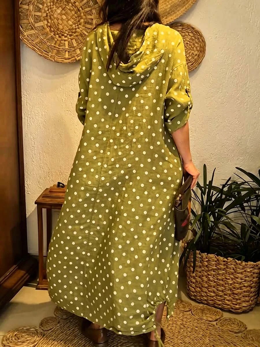 Women's Polka-dot Print Long-sleeve Casual Loose Cotton-linen Hoodie Dress
