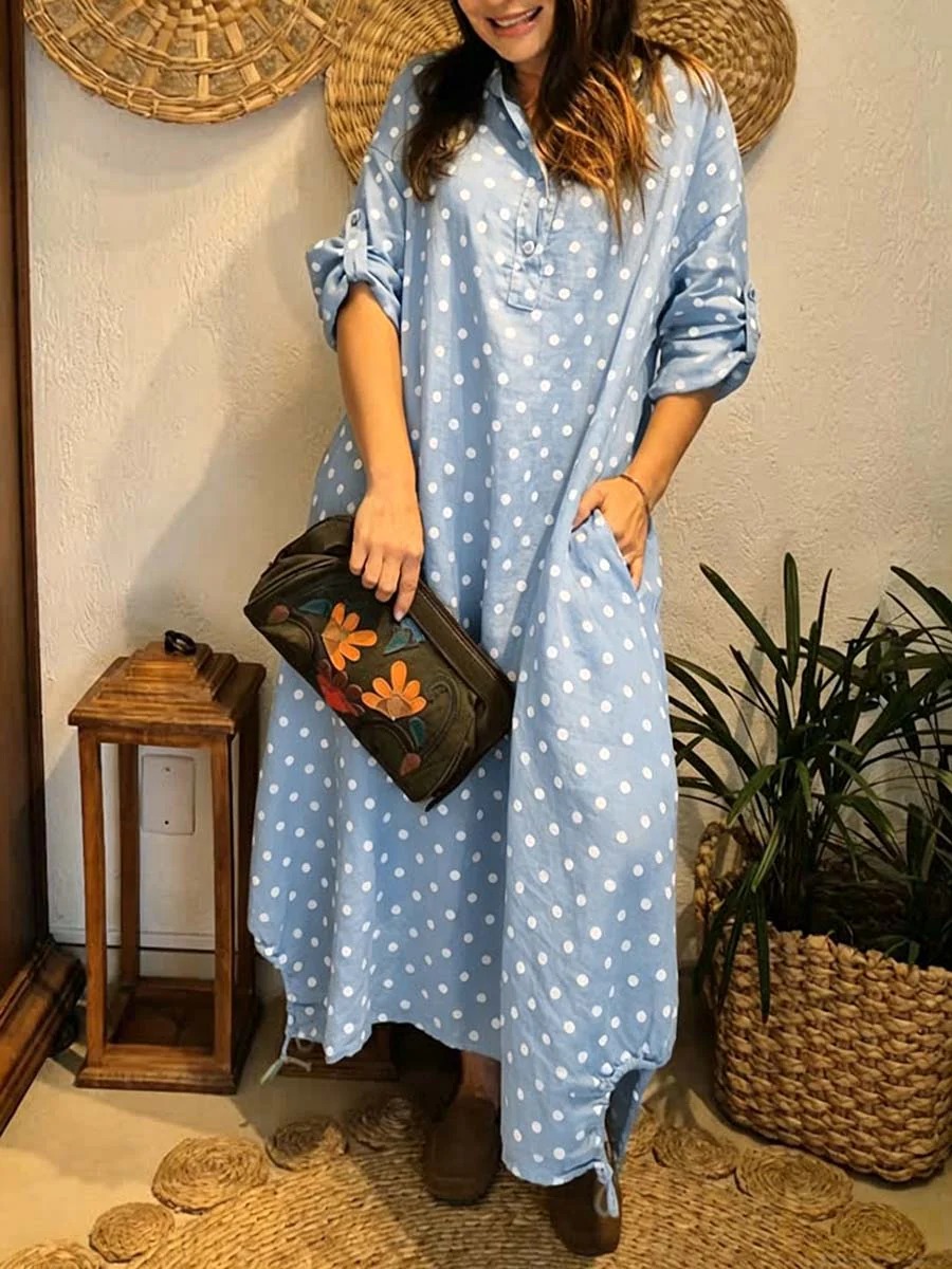 Women's Polka-dot Print Long-sleeve Casual Loose Cotton-linen Hoodie Dress