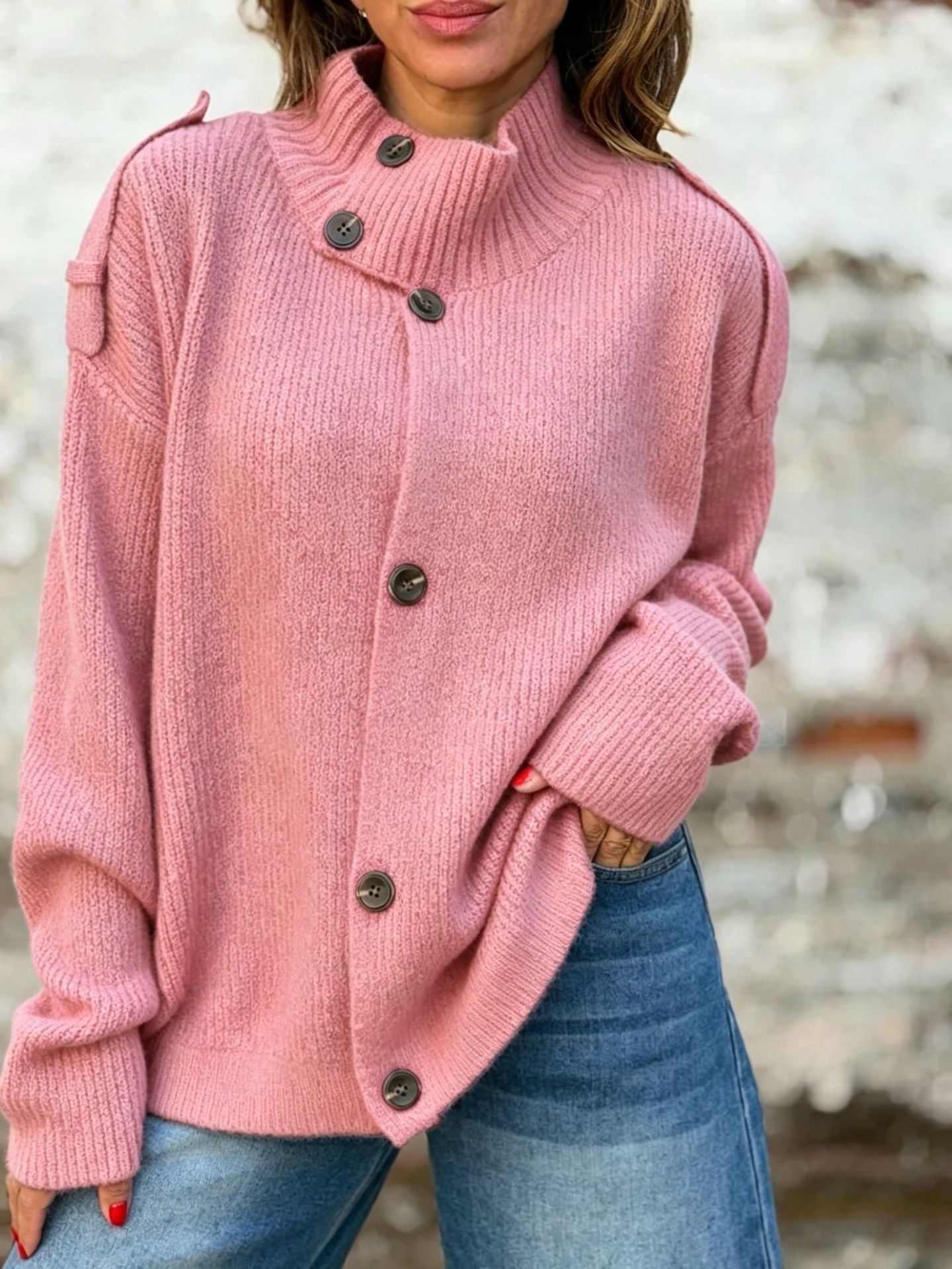 Stand Collar Buttoned Knit Cardigan Sweater Coat