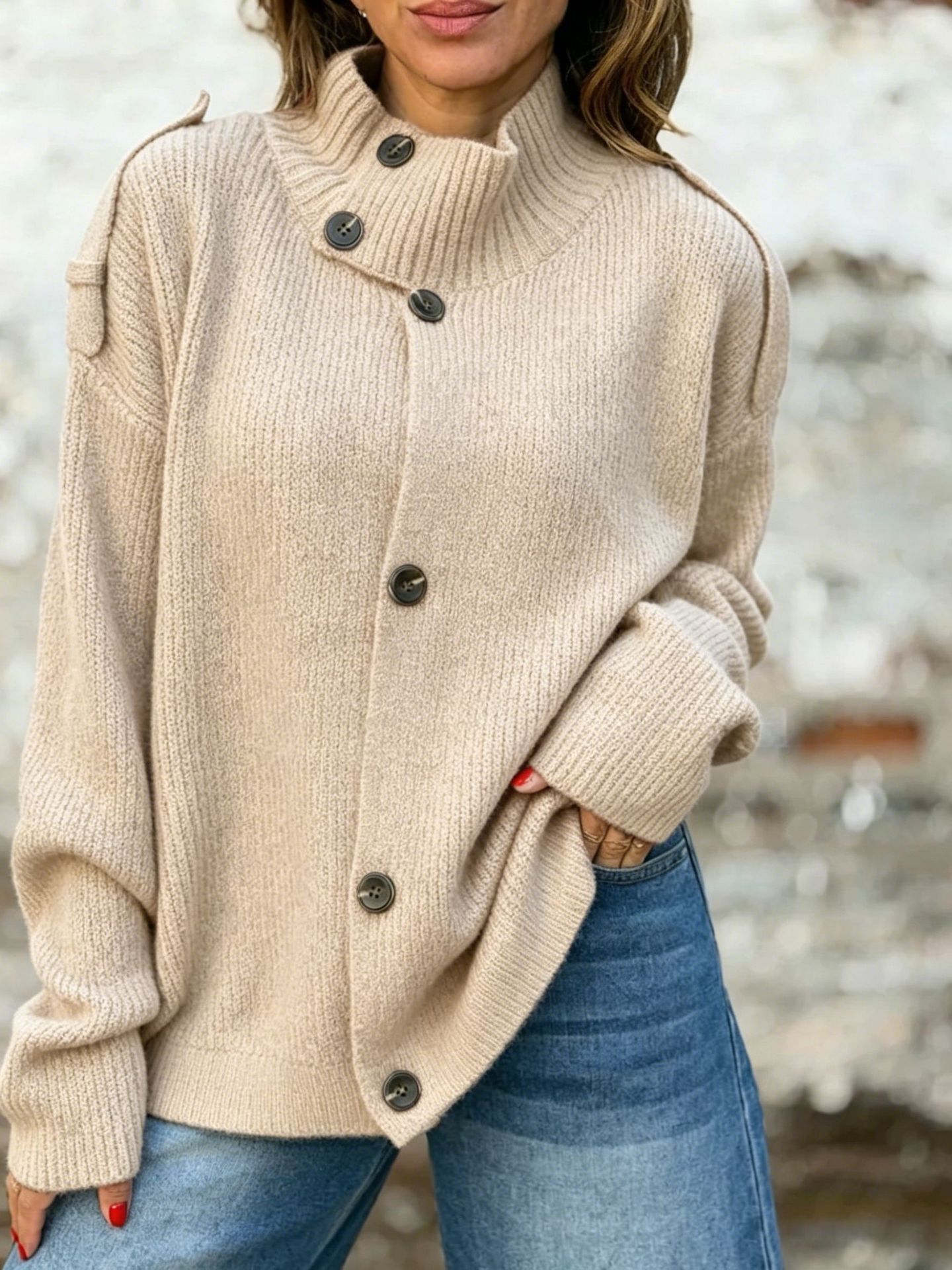 Stand Collar Buttoned Knit Cardigan Sweater Coat