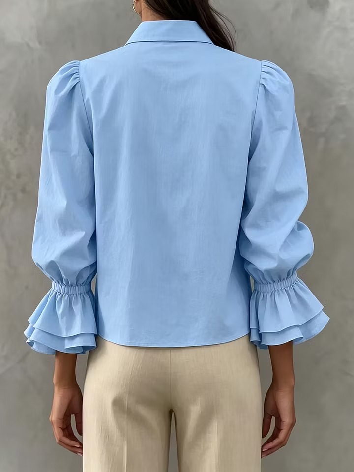 Women's Solid Color V-neck Long-sleeve Casual Loose Cotton-linen Top