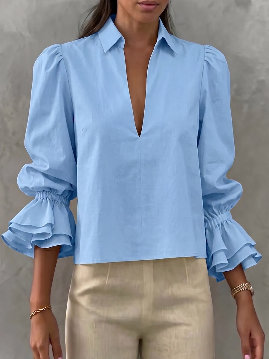 Women's Solid Color V-neck Long-sleeve Casual Loose Cotton-linen Top