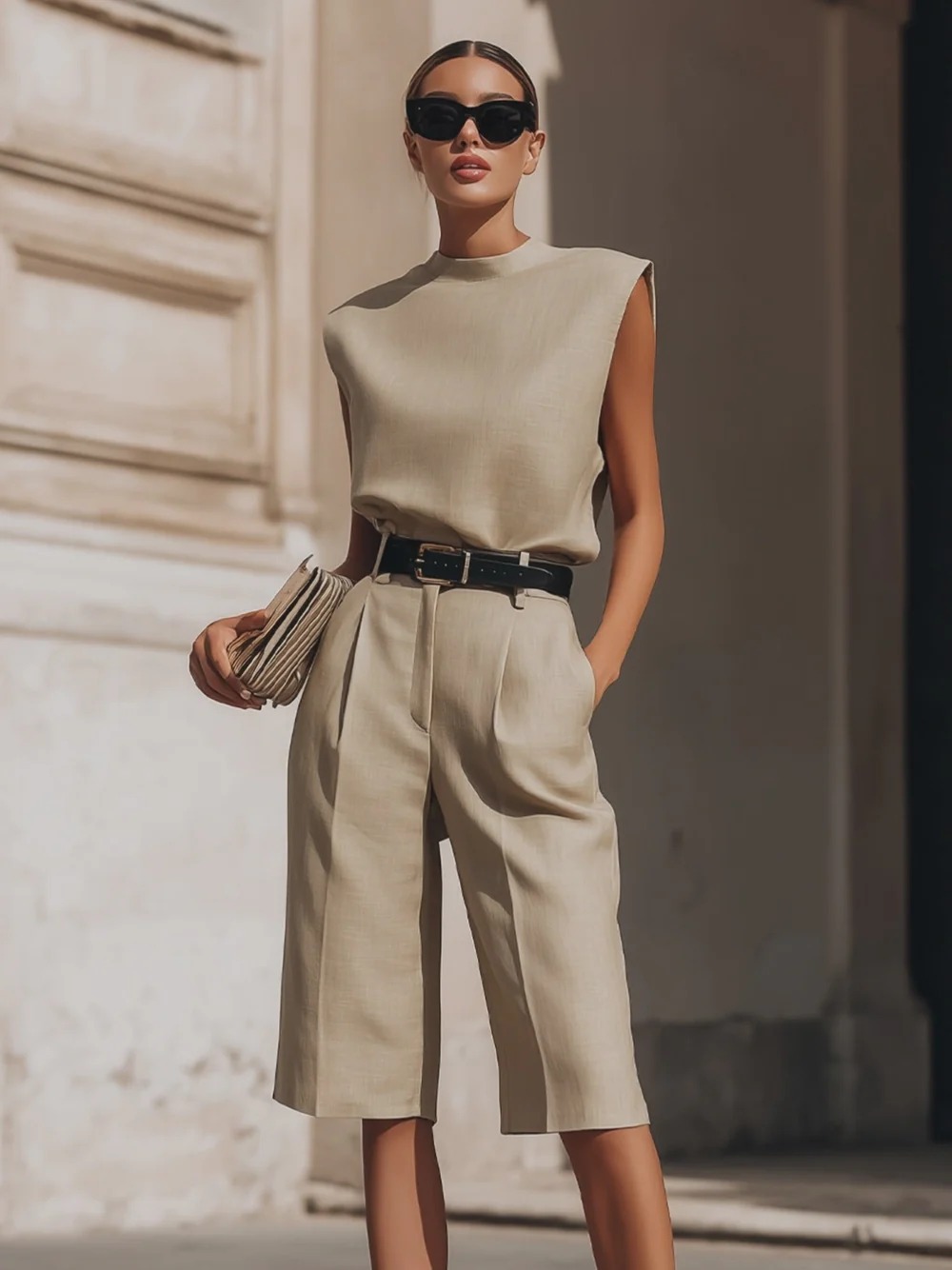 Minimalist Sleeveless Top And Slim-Fit Bermuda Shorts Set (Belt Not Included)